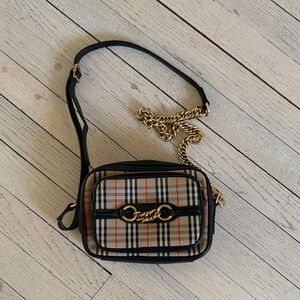 Burberry Check Link Camera Bag Beige and Black Crossbody with Gold Chain